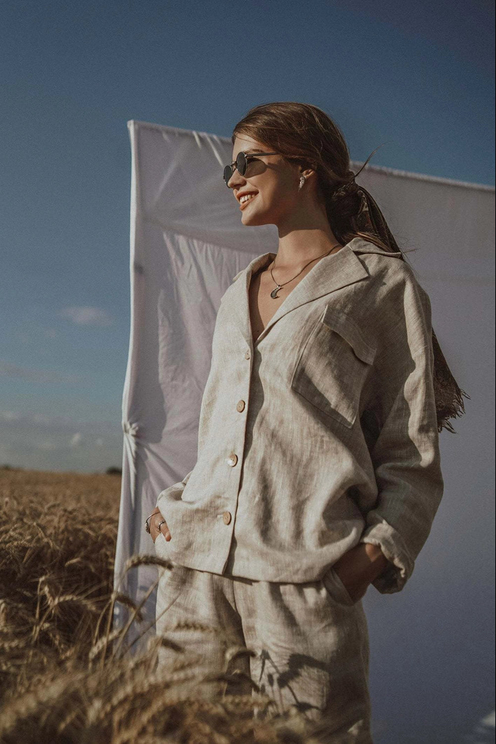 Linen set, gray jacket and shorts