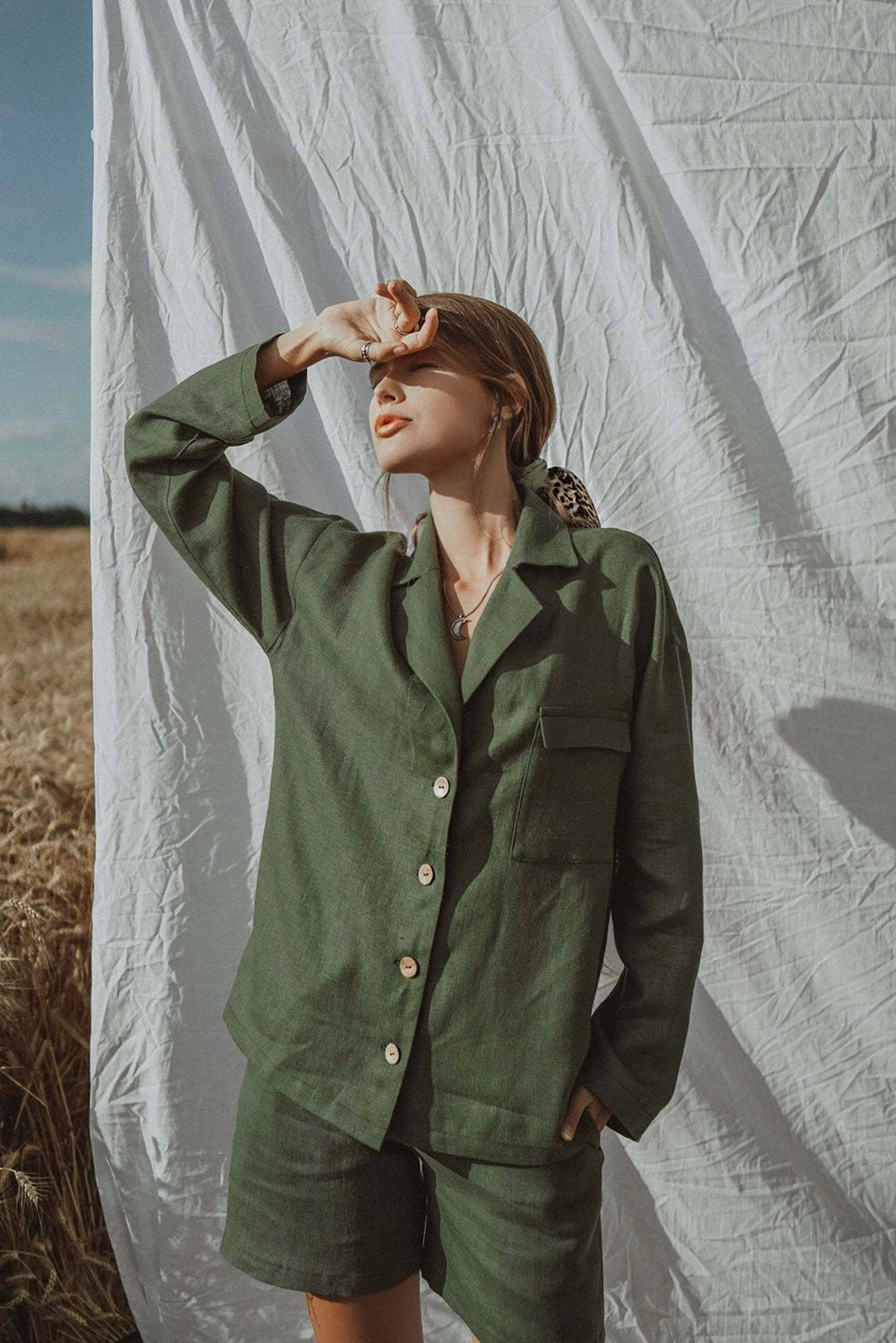 Linen set, green jacket and shorts