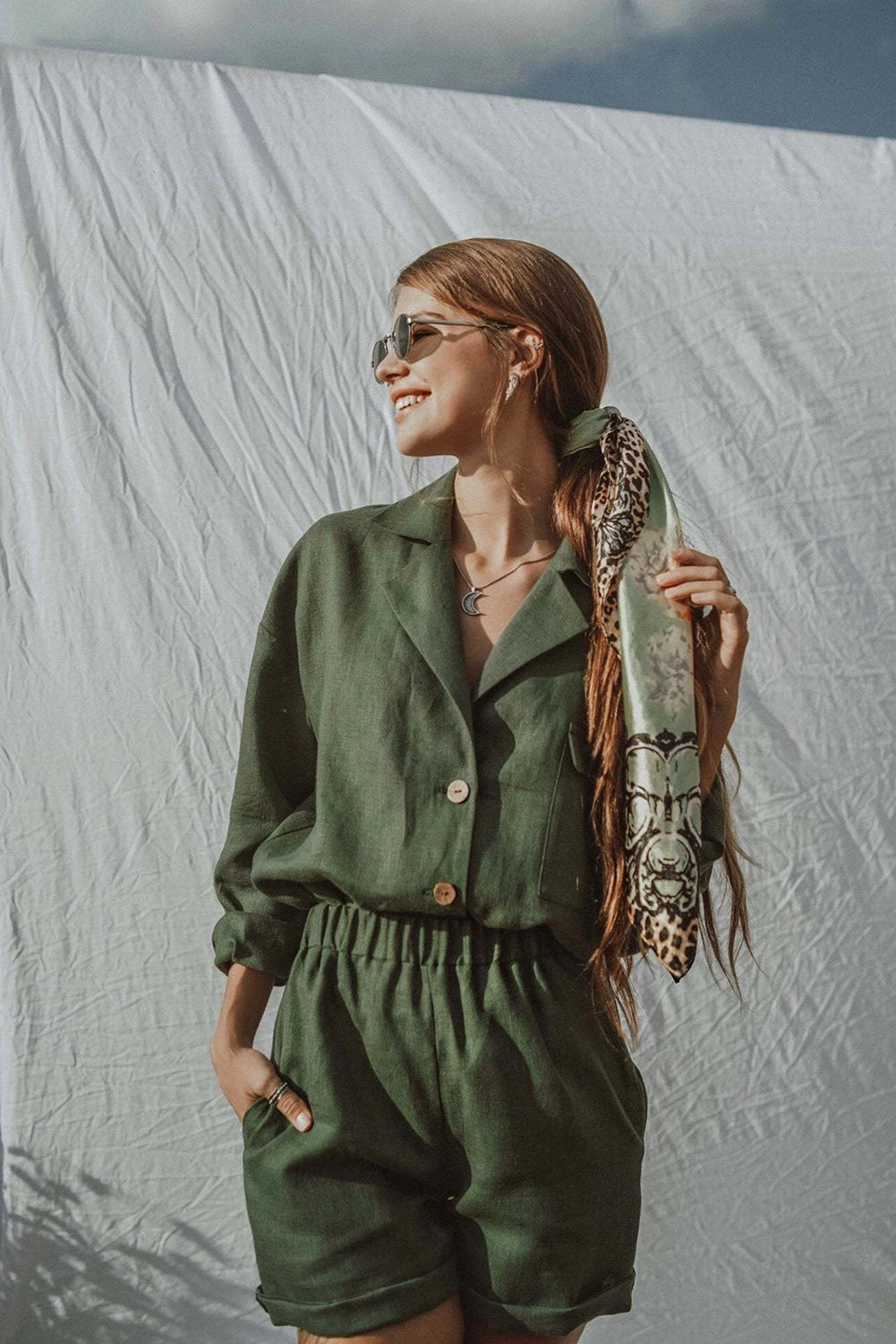 Linen set, green jacket and shorts