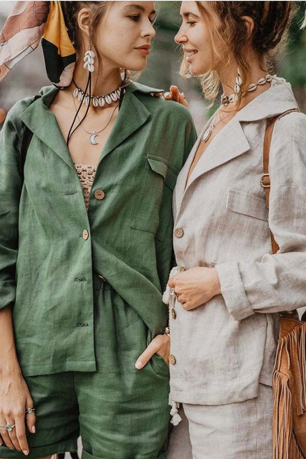 Linen set, green jacket and shorts