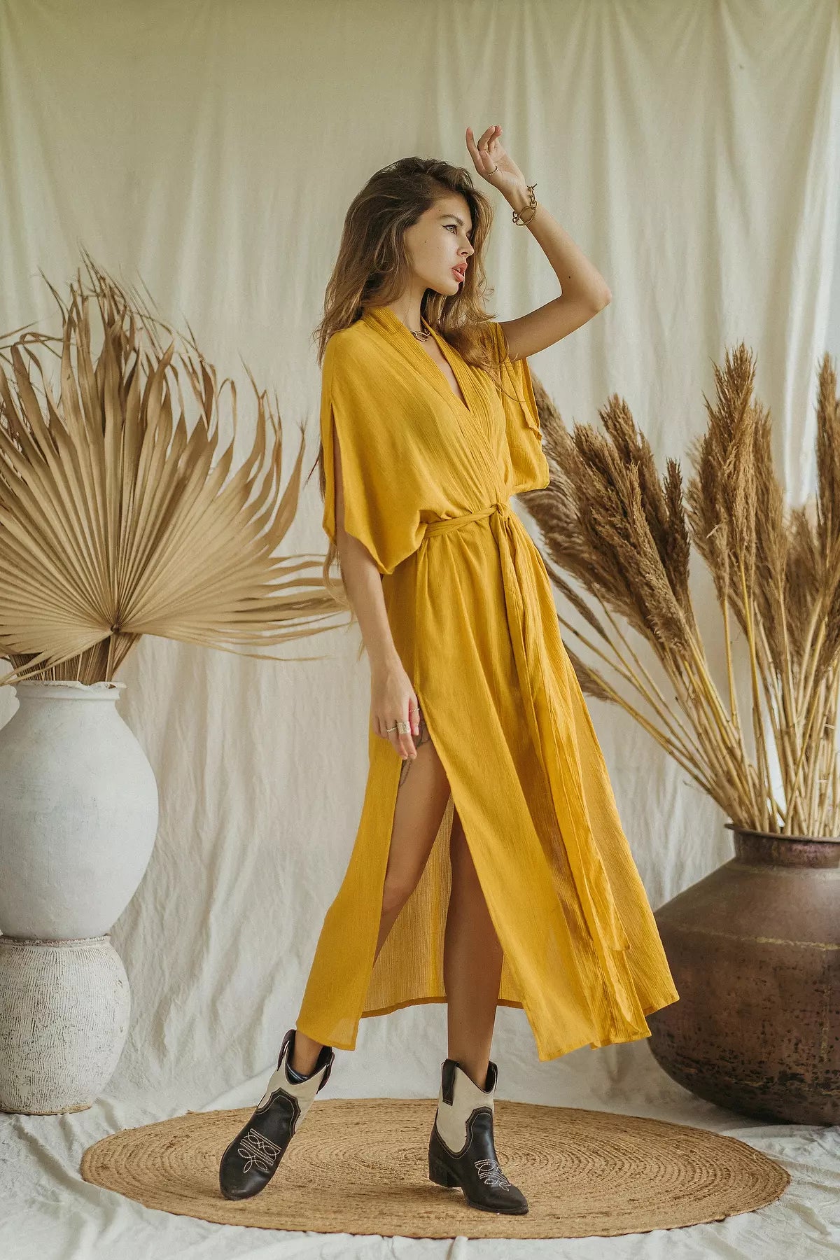 DESERT mustard kimono dress