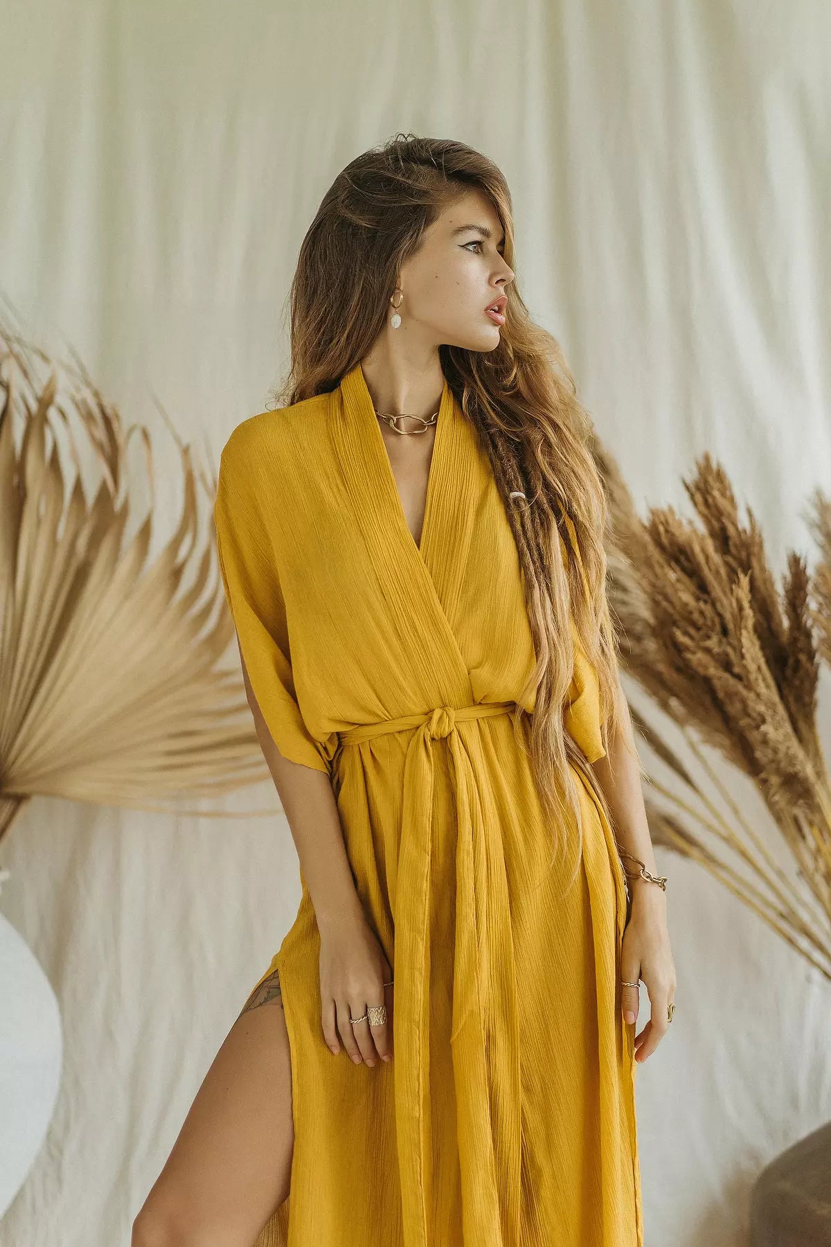 DESERT mustard kimono dress