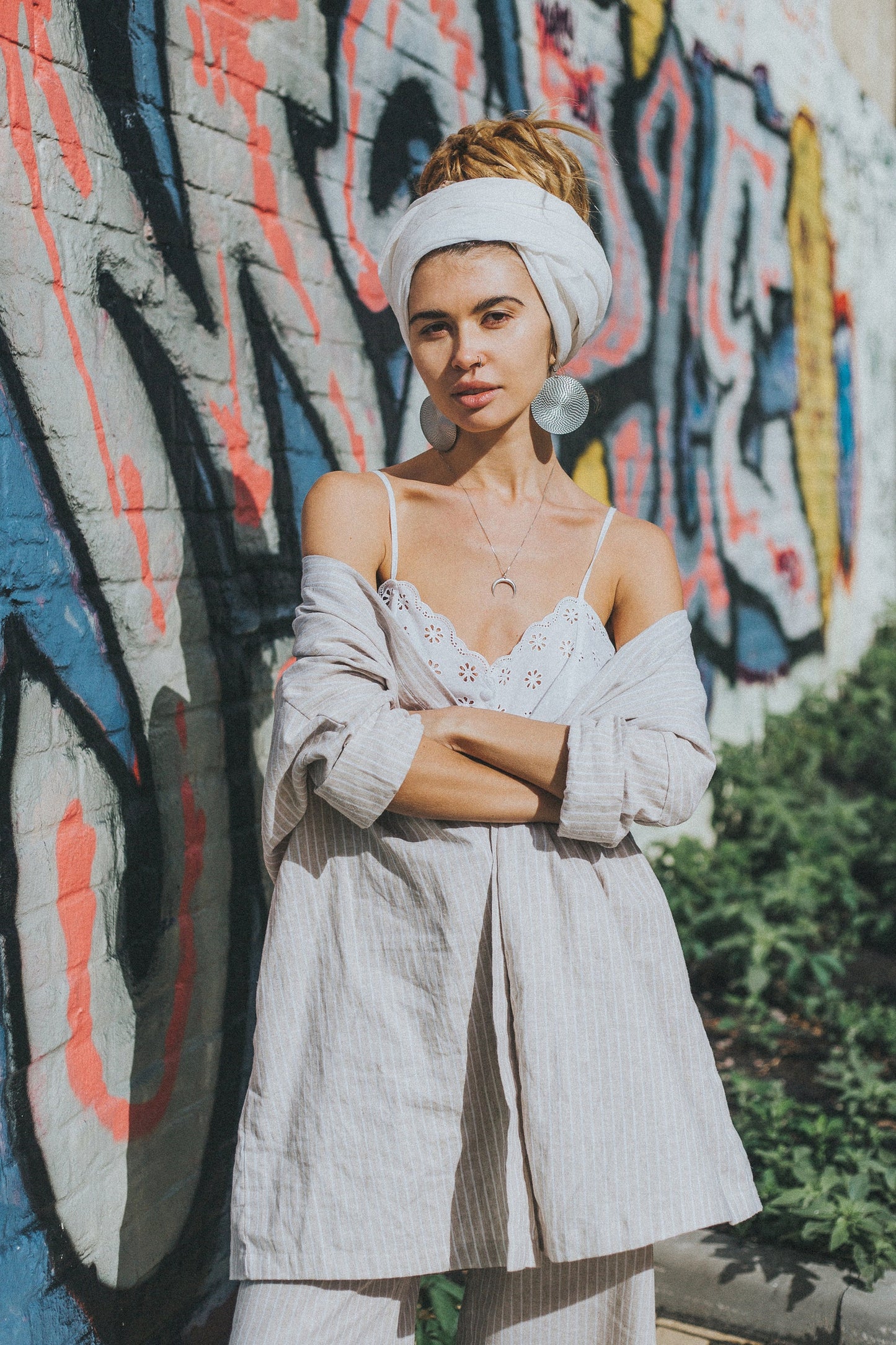 Woman stripe linen kimono