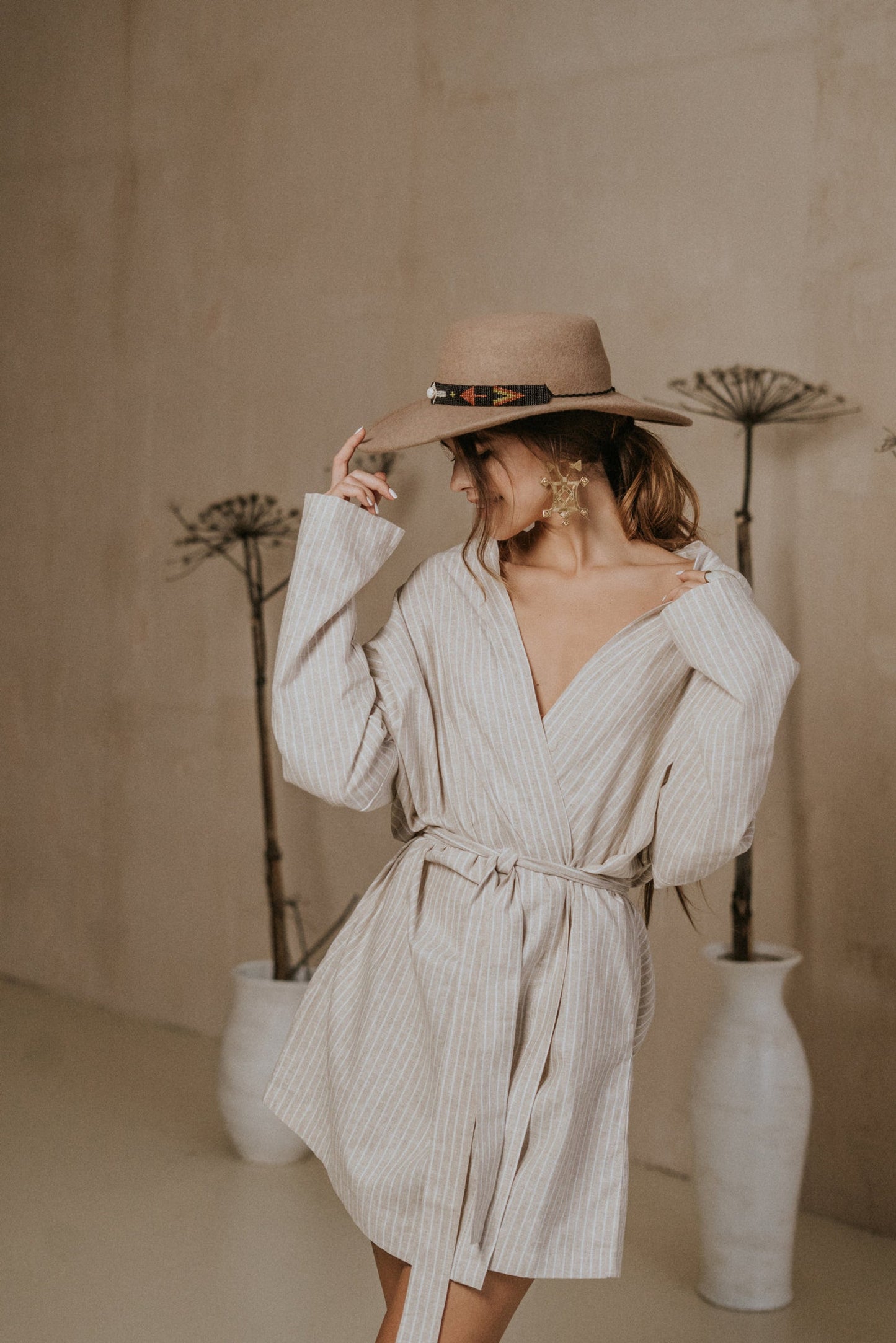 Woman stripe linen kimono