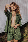 Linen set, green jacket and shorts