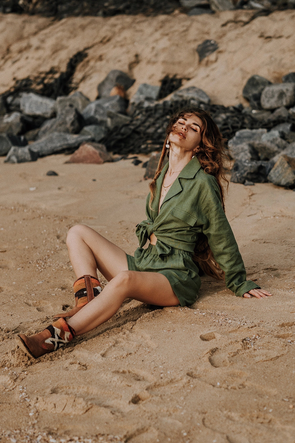 Linen set, green jacket and shorts