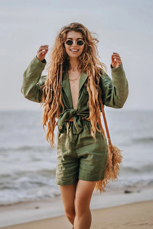 Linen set, green jacket and shorts