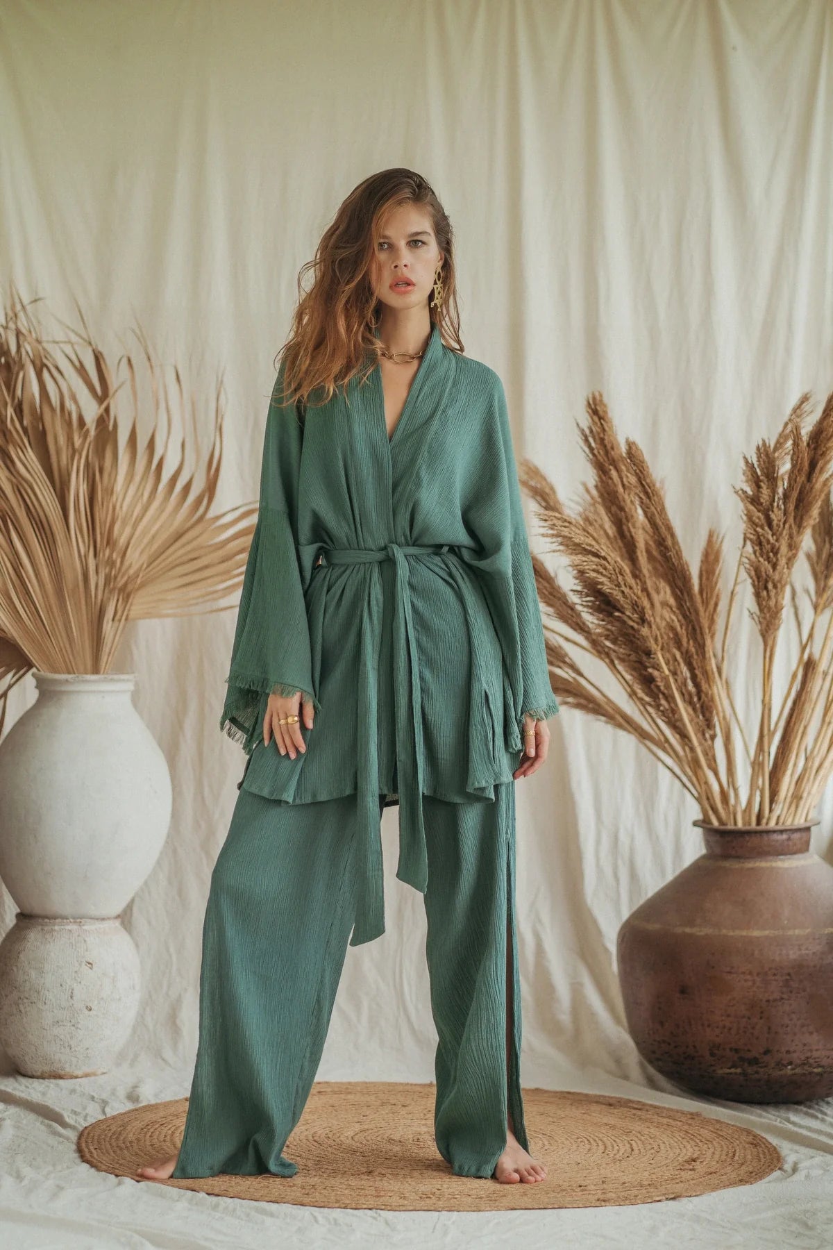 SAVANNA kimono & GIA pants in ocean green