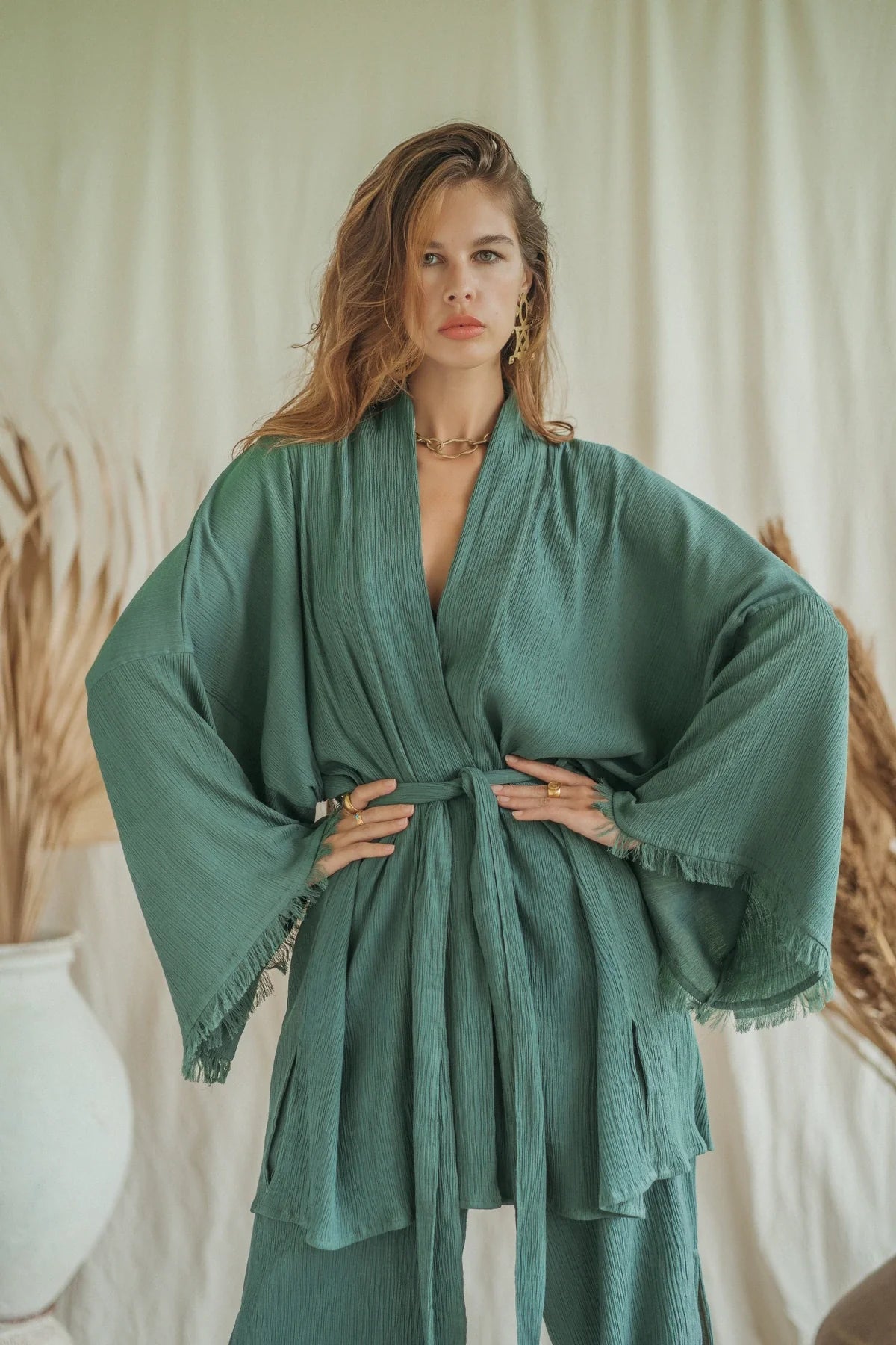 SAVANNA kimono & GIA pants in ocean green
