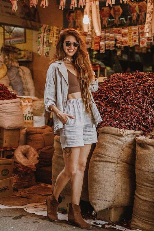 Linen set, gray jacket and shorts