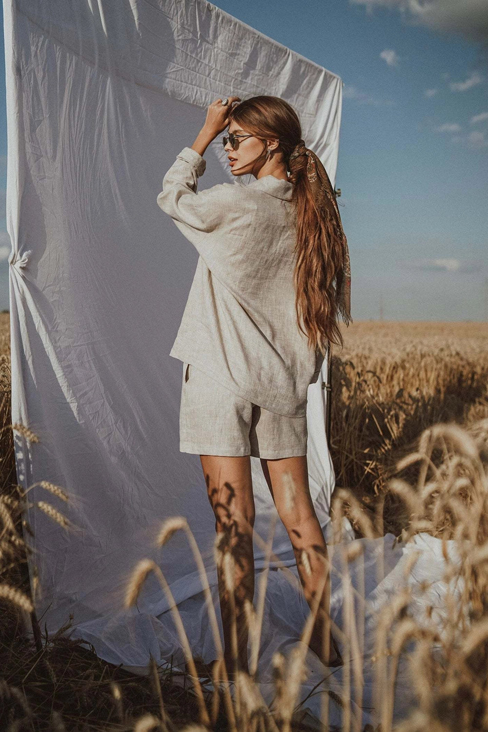 Linen set, gray jacket and shorts