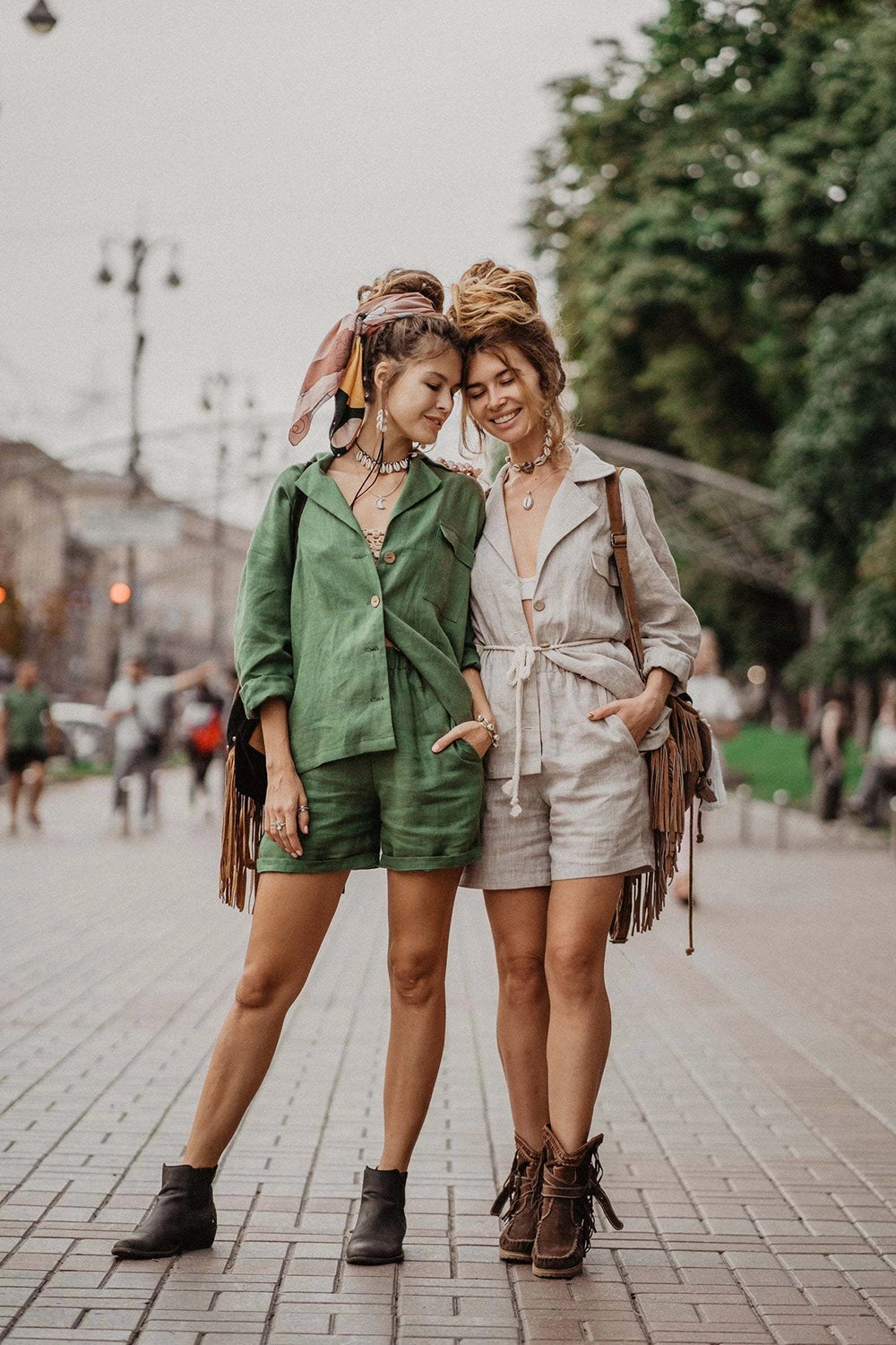 Linen set, green jacket and shorts