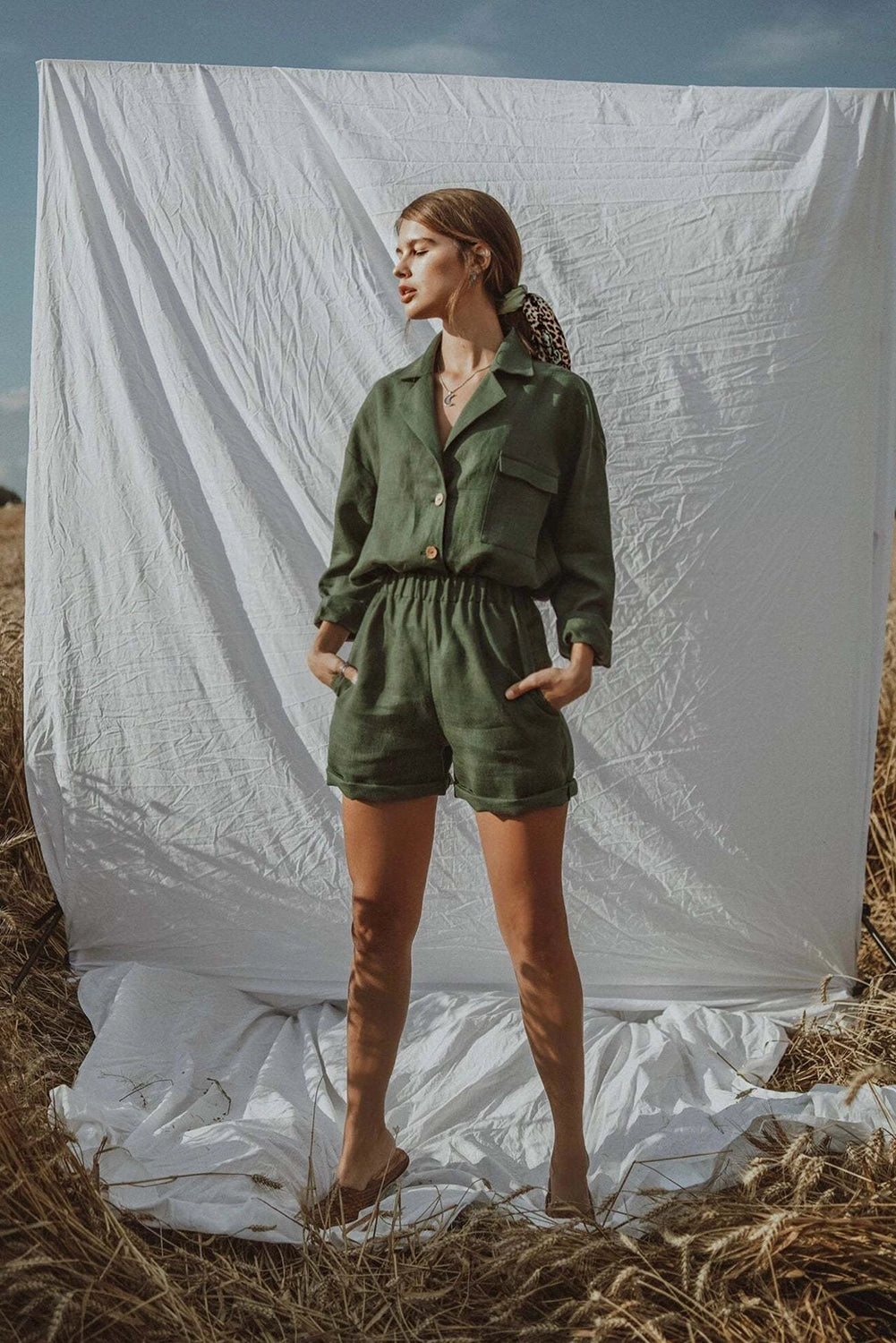 Linen set, green jacket and shorts