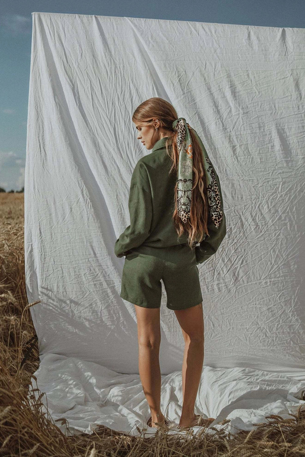 Linen set, green jacket and shorts