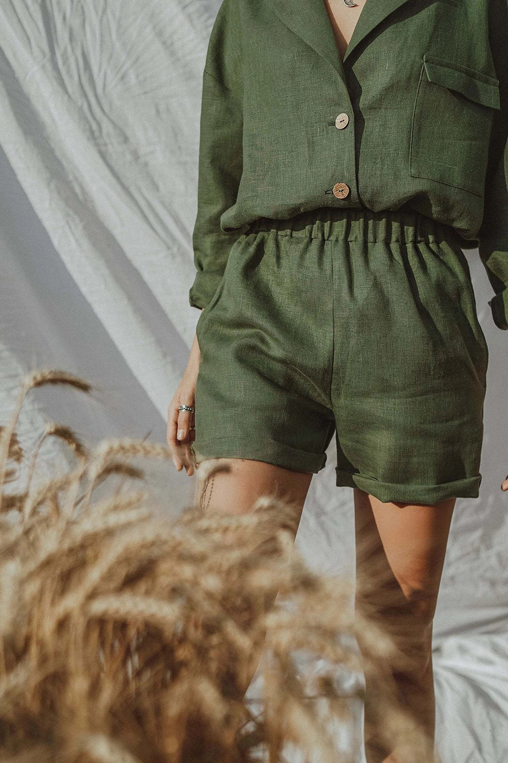 Linen set, green jacket and shorts
