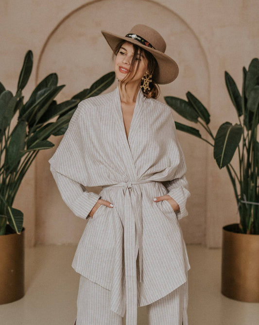 Woman stripe linen kimono